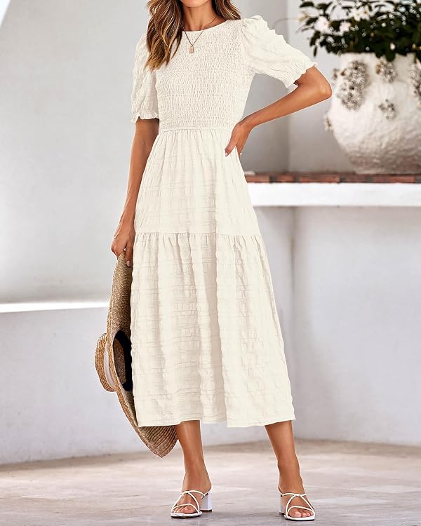 dowerme Womens Puff Sleeve Smocked Ruffle Maxi Dress,Beige,XL by dowerme - Used condition - Image 6