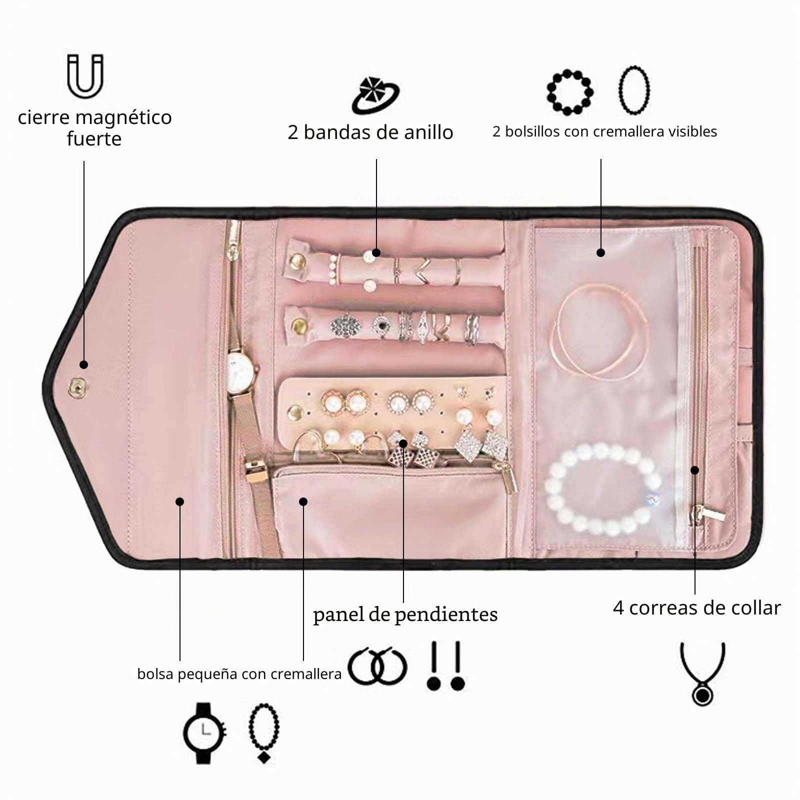 Organizador de Joyería Plegable Joyería Estuche Cuero Impermeable,Joyeros Enrollables Viaje,Rollo Organizador para Joyas de Viaje Bolsa Rollo de Joyas para Collares Pendientes Anillos Pulsera (Negro)