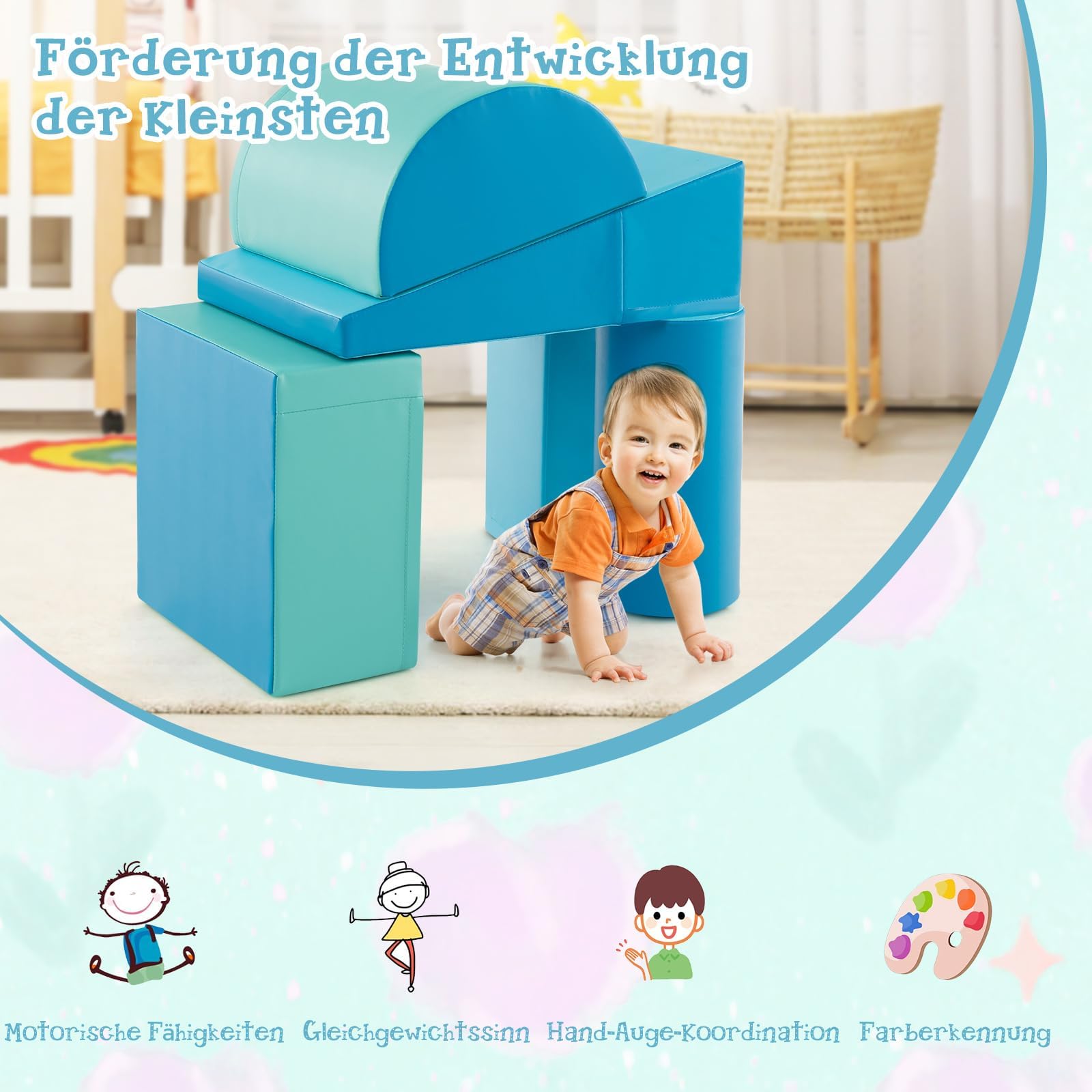 FANTASK Schaumspielset zum Toben und Klettern, 5 TLG. Bauklötze, Spielzeugset für Babys und Kleinkinder, Blau