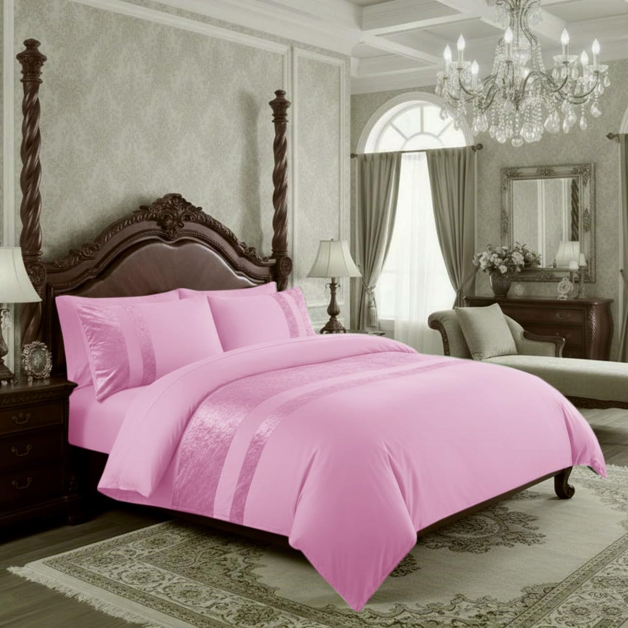 Casabella Luxury Crushed Velvet Panel Band Duvet Cover Sets with Pillow Case Single Duvet Cover Bedding Set – Pink Crush Velvet Single Duvet Cover Sets