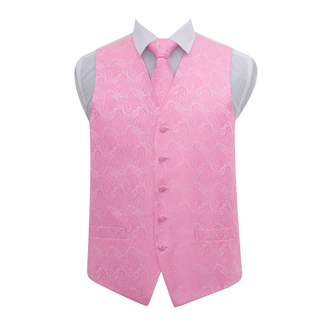 Dqt Men's Baby Pink Paisley Floral Jacquard Waistcoat & Tie Set (2Pc) - Wedding, Business & Formal - 50" (5Xl)