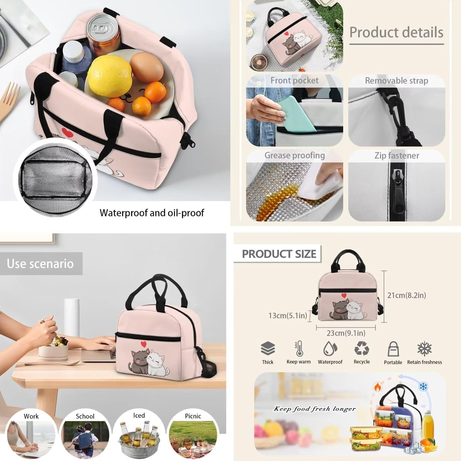 3Pcs Kid Backpack Set for Girls Cute Cartoon Cats Backpack with Lunch Bag Pencil Case 3 Pack Set Elementary School Bag Bookbag 17 Inch Daypack Pink