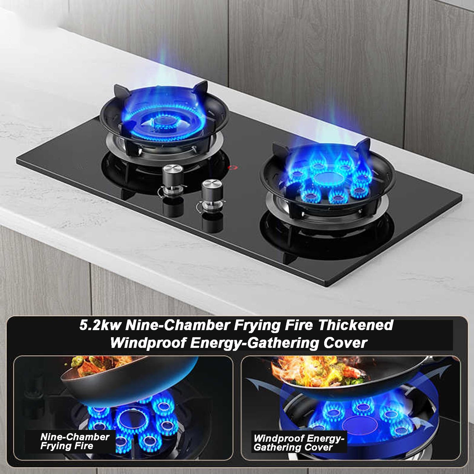 Cocina De Gas De 2 Fuegos, 4,5/5,2 KW, Temporizador De 99 Minutos, Agarradera De Hierro Fundido, Cocina Independiente De Cristal Negro.(NG)