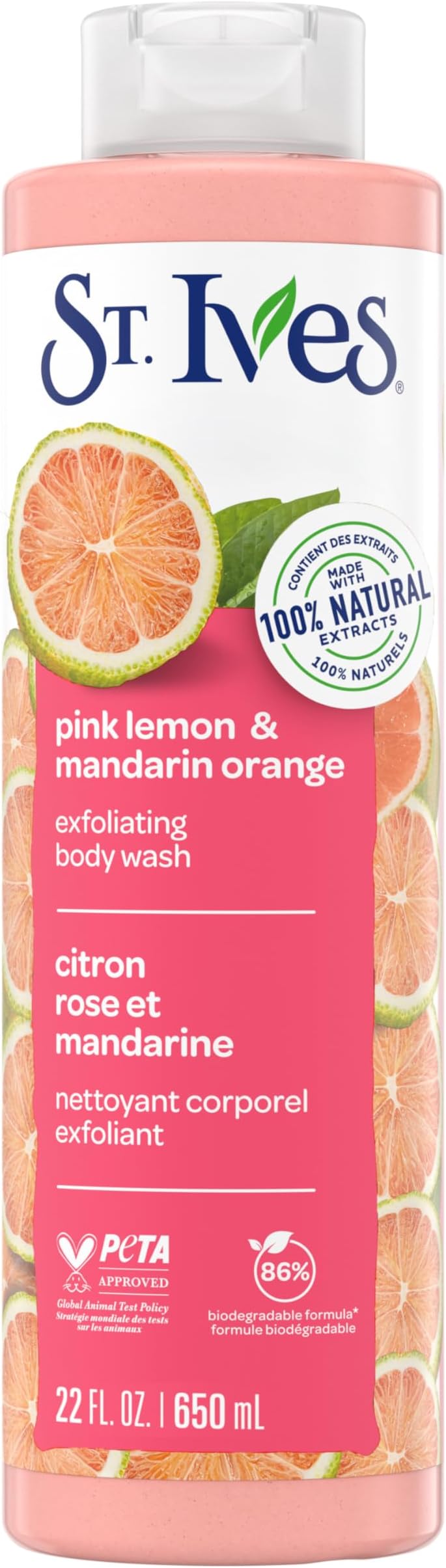 St. Ives Radiant Skin Exfoliating Shower Gel (650ml) Pink Lemon and Mandarin Orange Made with Plant-Based Cleansers & 100% Natural Extracts 16 oz Body Wash