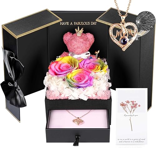 Miniatura 59 de ADDWel Rose Gifts for Women - Preserved Real Roses Forever Purple Flowers with I Love You in 100 Languages Necklace and Cute Moss Bear for