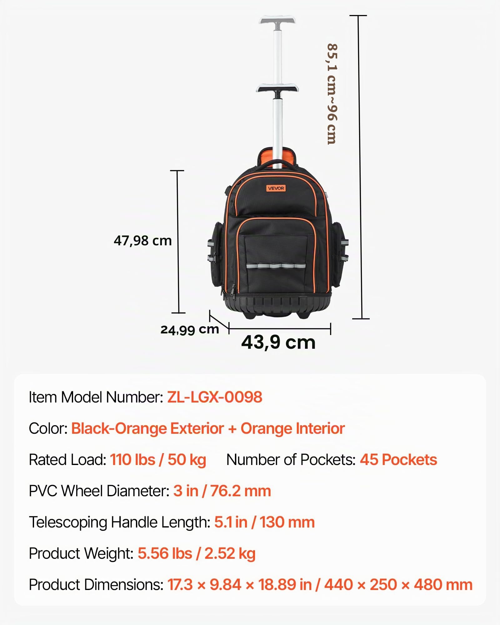 VEVOR Sac à Dos à Roulettes, Charge 50 kg, Sac à Outils, 44 x 25 x 48 cm, avec 45 Poches, Poignée Télescopique, Base Stable, Organisateur à Outils Robuste, pour Électriciens, Plombiers, Mécaniciens