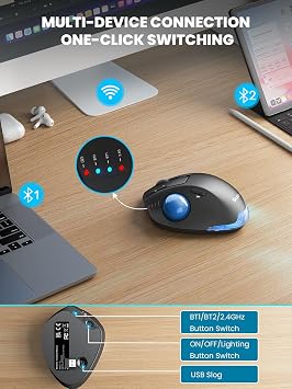 Wireless Trackball Mouse, Adjustable Angle, Rechargeable, Backlit-Blue Ball