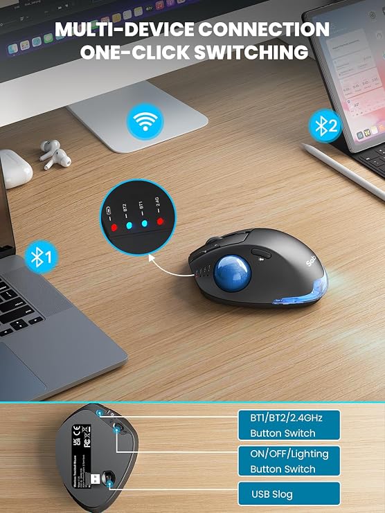 Wireless Trackball Mouse, Adjustable Angle, Rechargeable, Backlit-Blue Ball