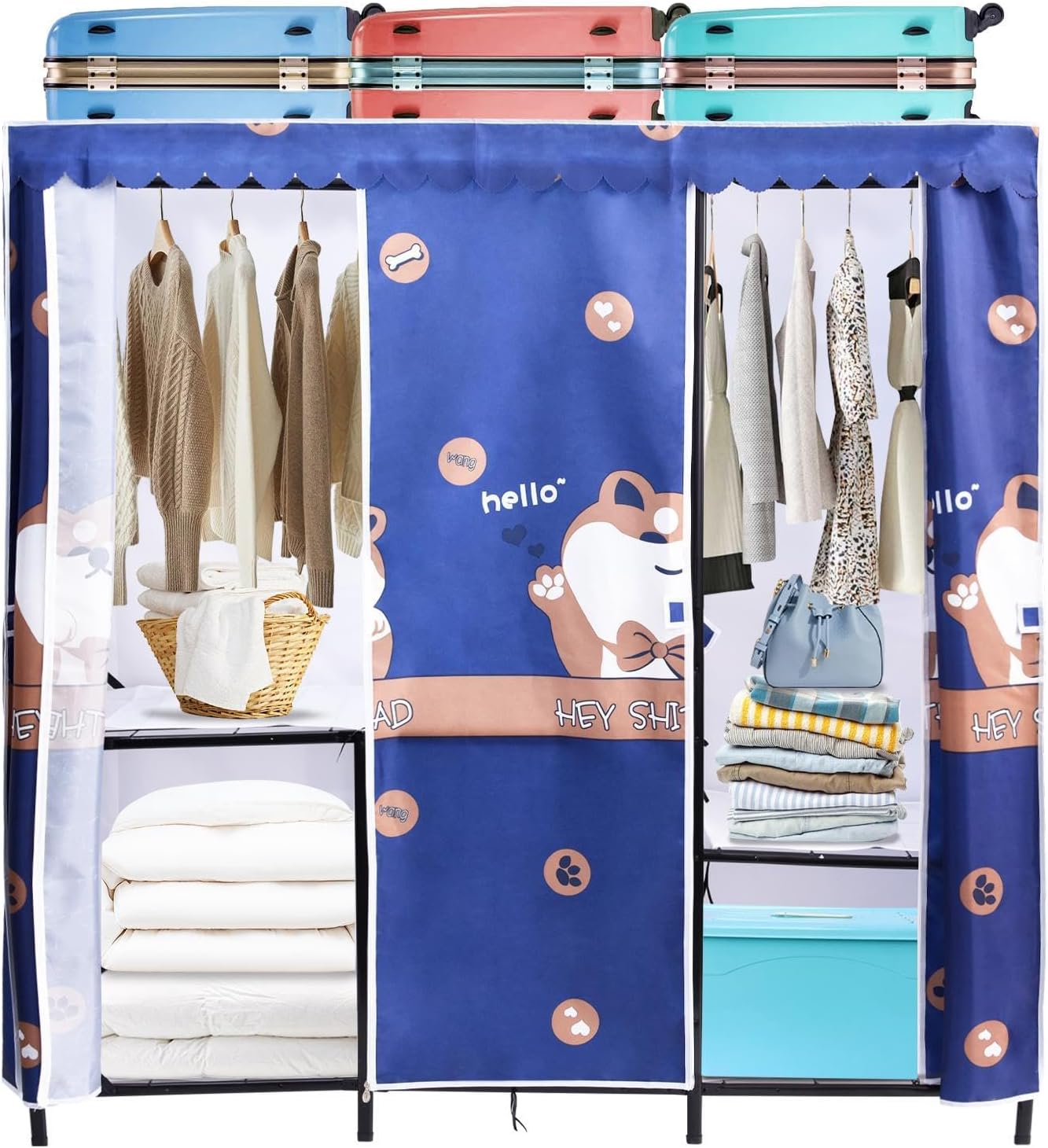 65inch Folding Garment Rack, Portable Closet Wardrobe with Fabric Cover,Freestanding Wardrobe Storage Rack with Thickened Oxford Cloth,Max Load 1102 LBS