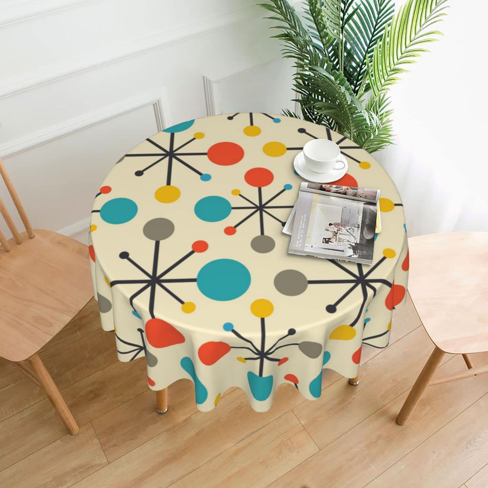 Wovoto Mid Century Fifties Modern Atomic Retro Colors Tablecloth Washable Waterproof Round 60" Yellow Table Cloth for Parties Picnic Bbqs Kitchen