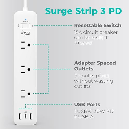 Miniatura 3 de KMC Protector de sobretensiones USB-C PD de 3 tomas, paquete de 2, puerto USB-C de entrega de energía de 30 W, 2 puertos USB-A, protección contra