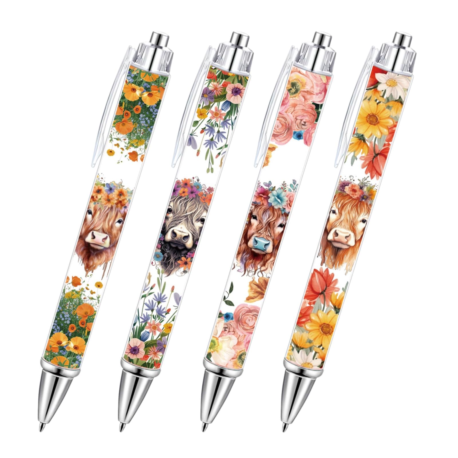 4Pcs Highland Cow Pens, Cow Stationery Ballpoint Pens with Different Cows