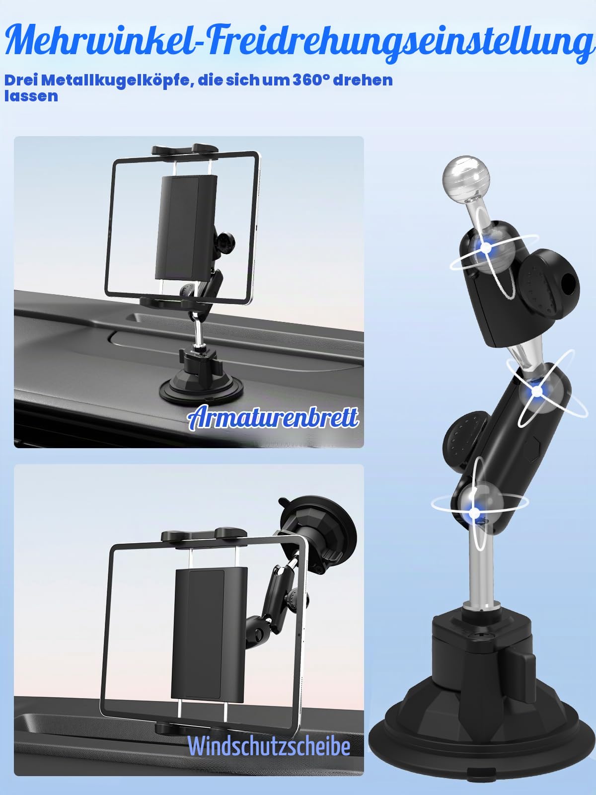 Schwerlast Saugnapf Halter Tablet Halterung Auto - [Doppelt Metall Kugelkopf], PKW/LKW Armaturenbrett Saugnapf Tablethalter Auto, für 4-12,9 Zoll Handy & Tablet, iPad Pro/Air/Mini, iPhone usw