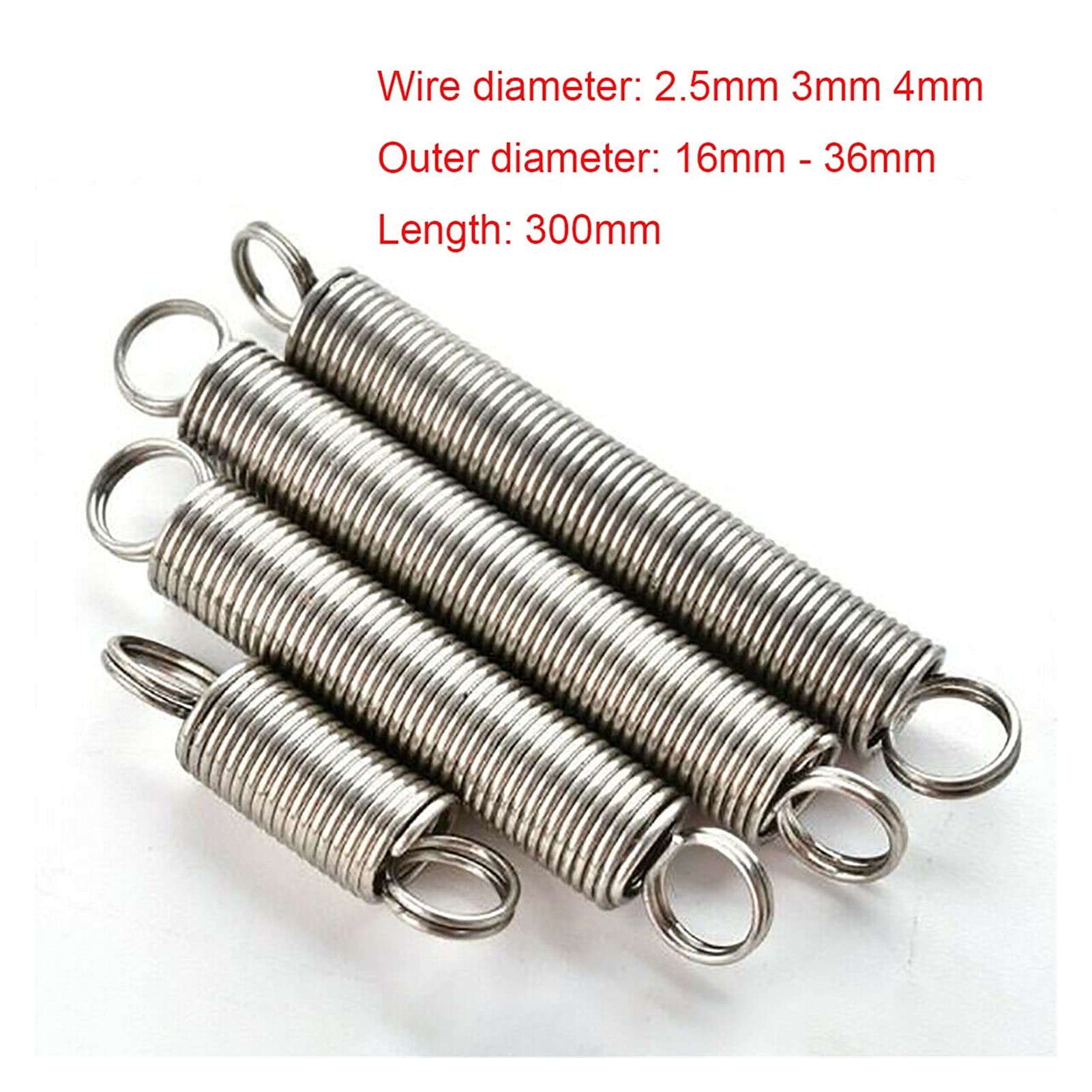 Sostituzione della molla di tensione del metallo 1 pezzo di 300mm Lungo 304 Acciaio inossidabile Acciaio inossidabile Doppio gancio Diametro a molla Diametro filo 2.5mm 3mm 4mm Diametro esterno 16-36m