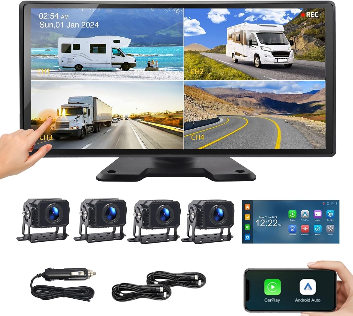 10.36" IPS Semi Truck Camera System with CarPlay & Android Auto | 4CH 1080P 360° View Camera, 24H Parking Mode, Touchscreen Monitor