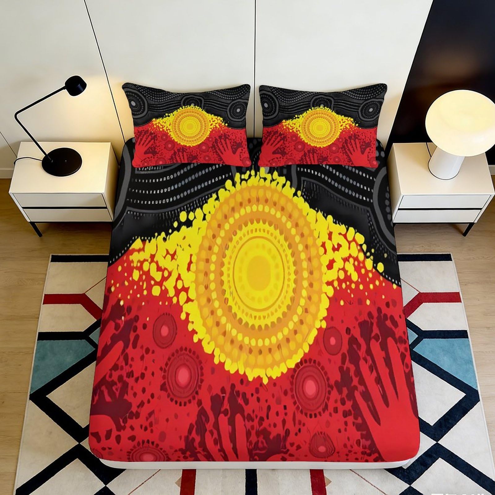 3D Printed Sunburst Abstract Fitted Sheet Microfiber Vibrant Red Yellow Bed Cover for Bedroom Dorm Decor 90x200x25cm