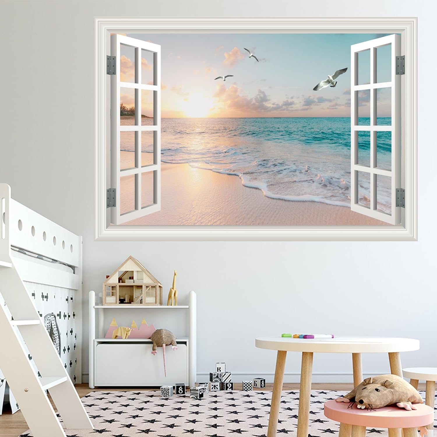 Large Murals 66"x48" Fake Window Wall Decal Summer Beach Seascape Faux Window Sticker Office Poster Picture Art Decor，Stick and Peel Natural Scenery Landscape Coastal Ocean Scene Mural