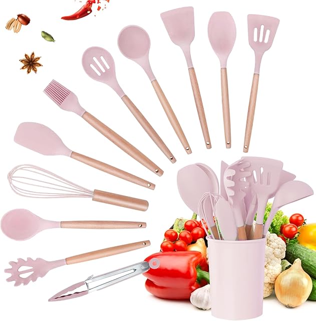 ColdShine Kitchen Utensil Set 12 Pcs Silicone Cooking Utensils Set with Wooden Handles Non-Stick Heat Resistant Cooking Tools with Holder for Cooking Baking (Pink)