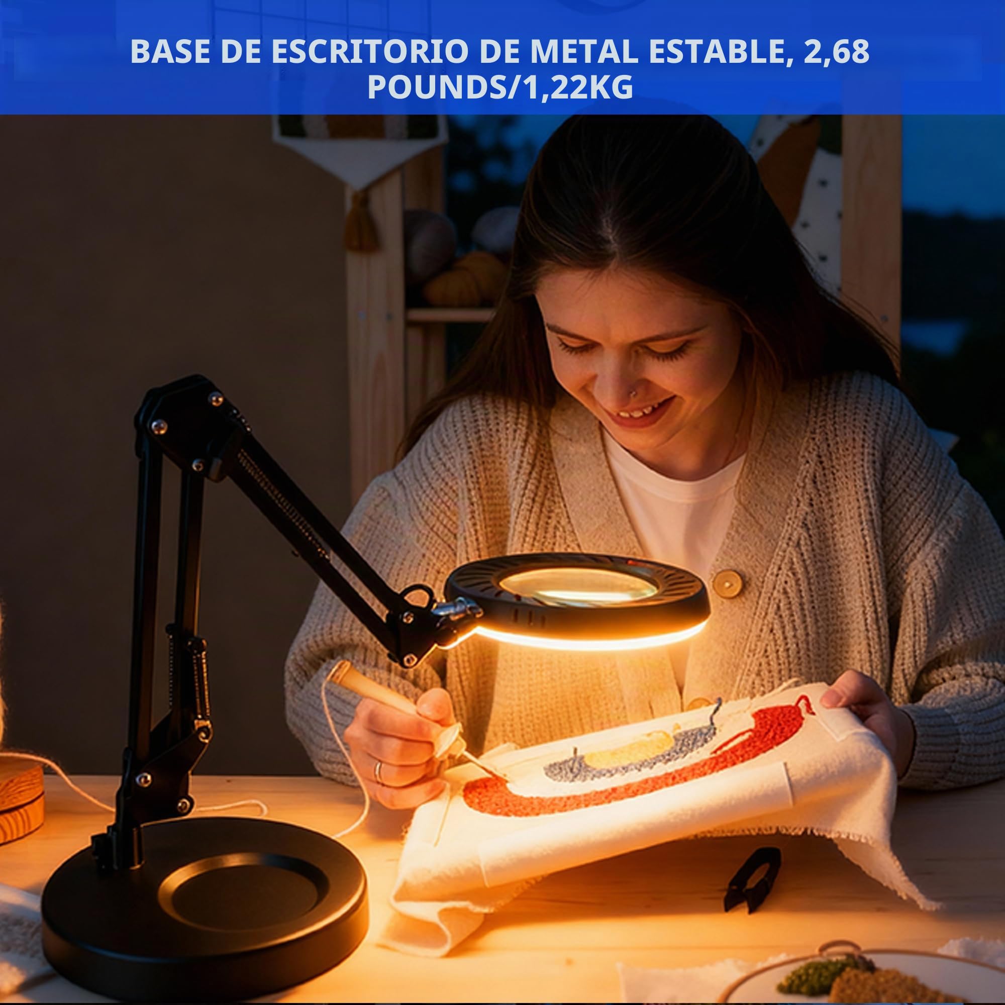 12X Lupa con Luz y Soporte & Brazos Articulados, Adaptador 2A incluido, 5 Modos de Color 9 Brillo, Lupa de Trabajo Luz LED para Trabajos de Precision Modelismo Pintura de Miniaturas Lectura, Negro