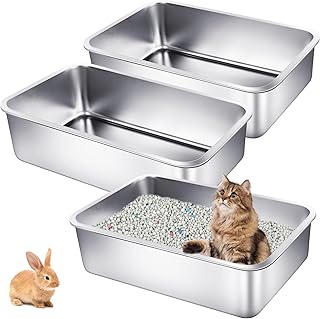 3 Pack Stainless Steel Cat Litter Boxes 19.7" L x 13.8" W x 5.9" H Extra Large Metal Litter Boxes with High Sides Aluminum Cat Litter Pans for Pets No Smell, Non Stick, Easy to Clean (L)