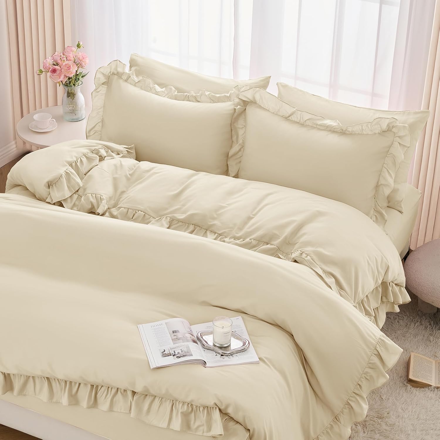 Horbaunal 5 Pcs White Ruffle Duvet Cover Queen Size Soft Microfiber Shabby Chic Ruffled Duvet Cover Set, Vintage French Country Ruffle Bedding Set with Zipper Closure & Corner Ties, 90" x 90"