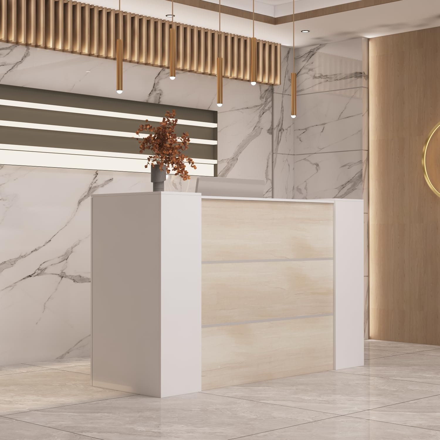 Banco di reception, grandi banchi con ripiani regolabili, bancone della reception, mobili da ufficio, colore legno e bianco, 180 x 60 x 110 cm, MDF, moderno ed elegante