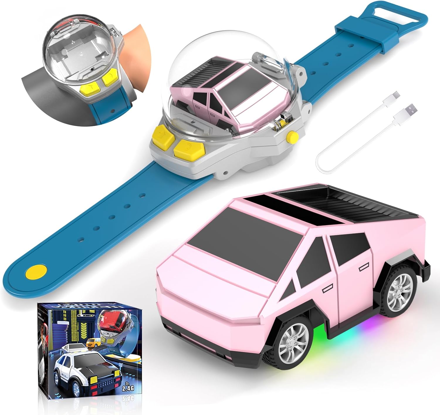 YUZ Mini Remote Control Car Watch Toy with LED Lights, 2.4G RC Cars Toy Car Watch USB Charging Hand Controlled Watch RC Car for Kids Boys Girls for Birthday Christmas Holiday Party Gifts, Pink