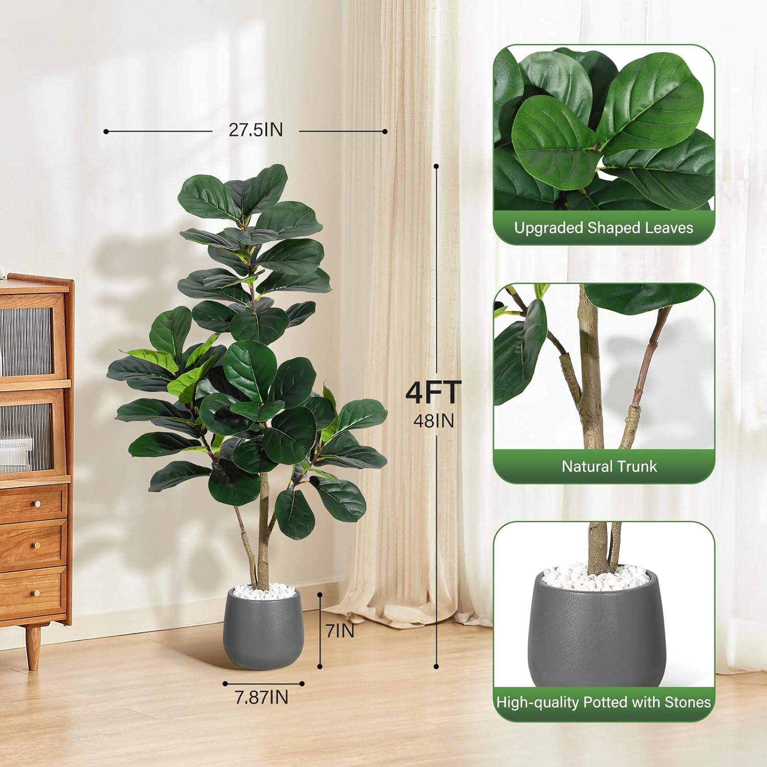 Künstlicher Kunstpflanzen Ficus Lyrata, Kunstbaum Groß Im Modernen Pflanztopf, Ficusbaum&Geigenfeigenbaum Wie Echt, Pflegeleicht, Perfekte Deko Für Wohnzimmer, Büro Usw. Schwarz-120cm
