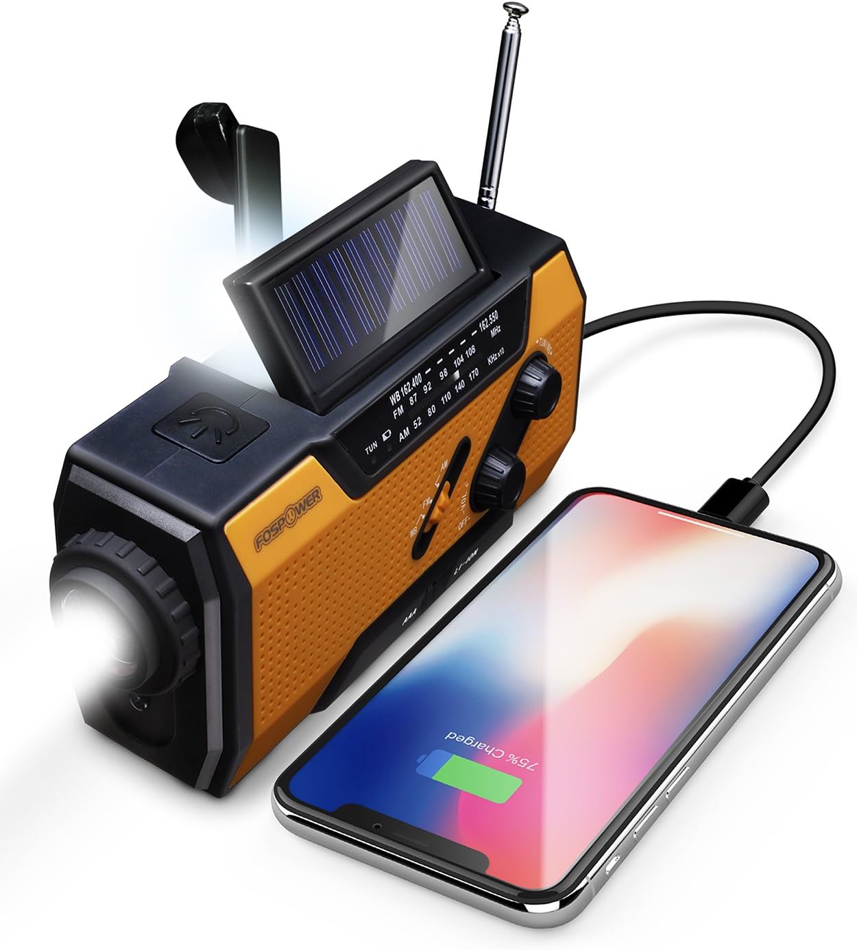 FosPower NOAA Emergency Weather Radio A1 7400mWh Portable Power Bank, AM/FM, USB/Solar/Hand Crank Charging, Battery Operated, SOS Alarm & Flashlight for Indoor/Outdoor Emergency - Orange