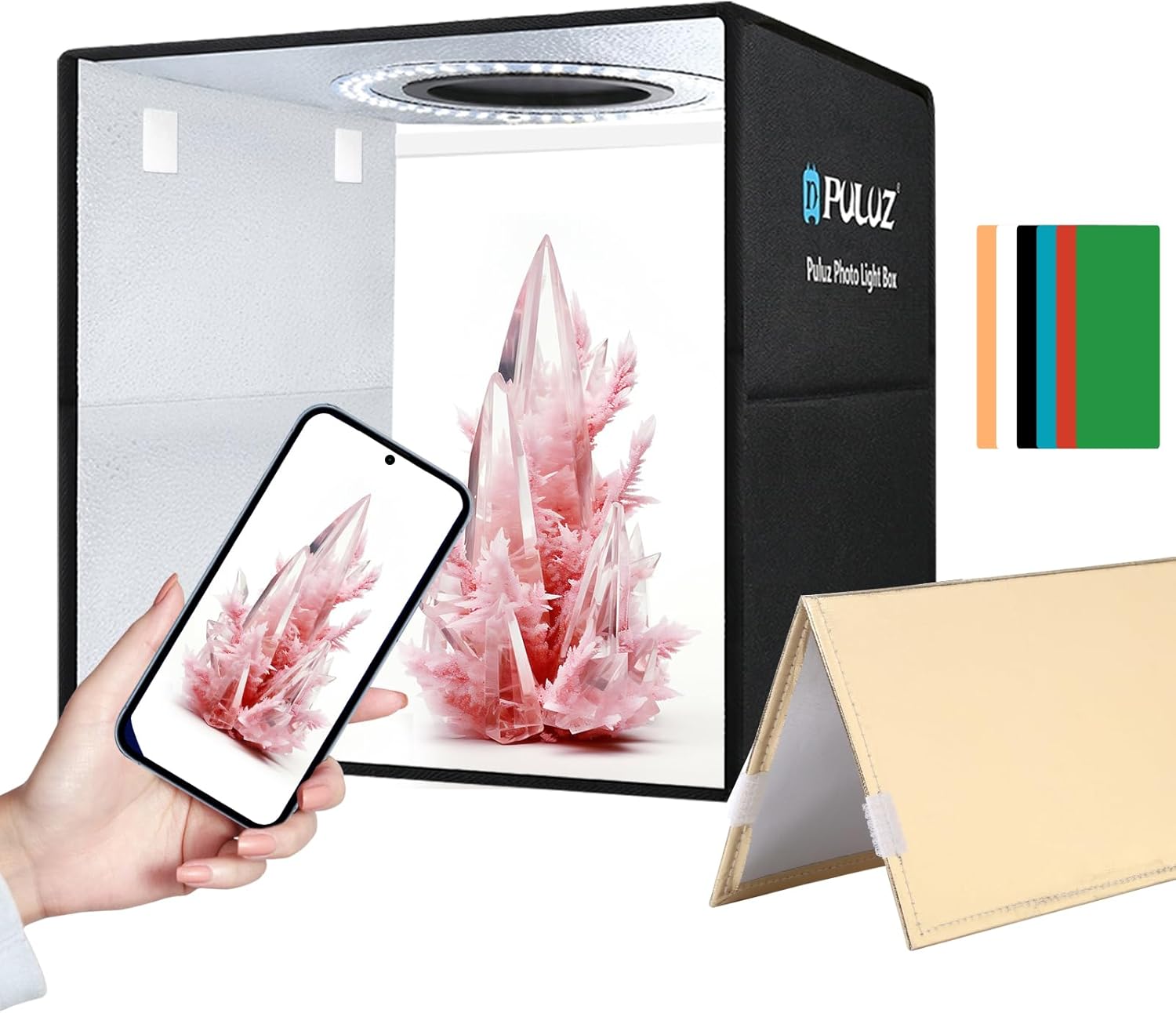 PULUZ Light Box Photography Kit, 12"x12" Portable Photo Studio Shooting Tent CRI 97 Dimmable LED Light with Double-Sided Reflector Board & 6 PVC Backdrops