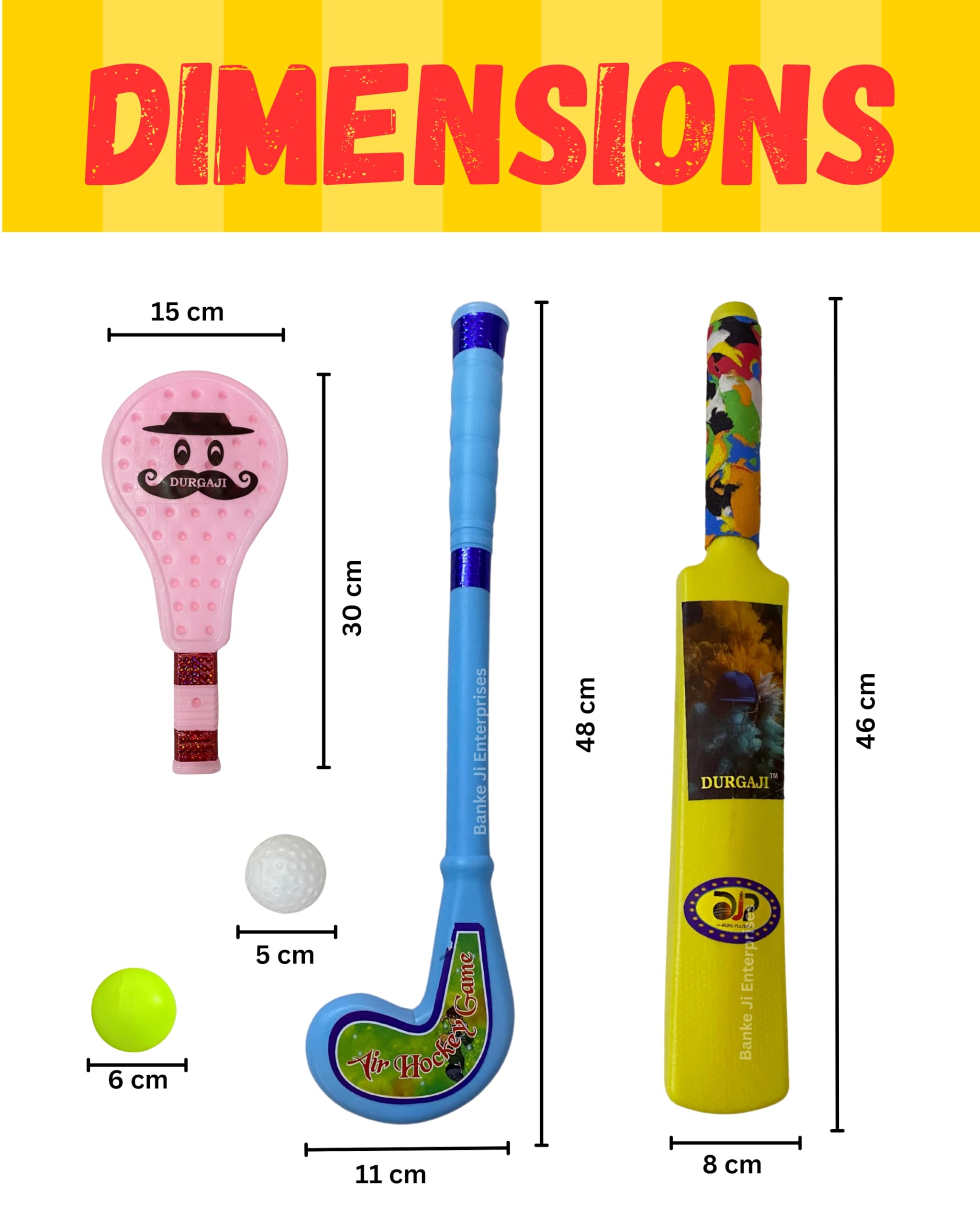 Banke Ji Sports Toys Combo Set, Cricket Bat, Hockey Stick, Tennis Racquet with Balls, Indoor Outdoor Play, Age 3+ Years