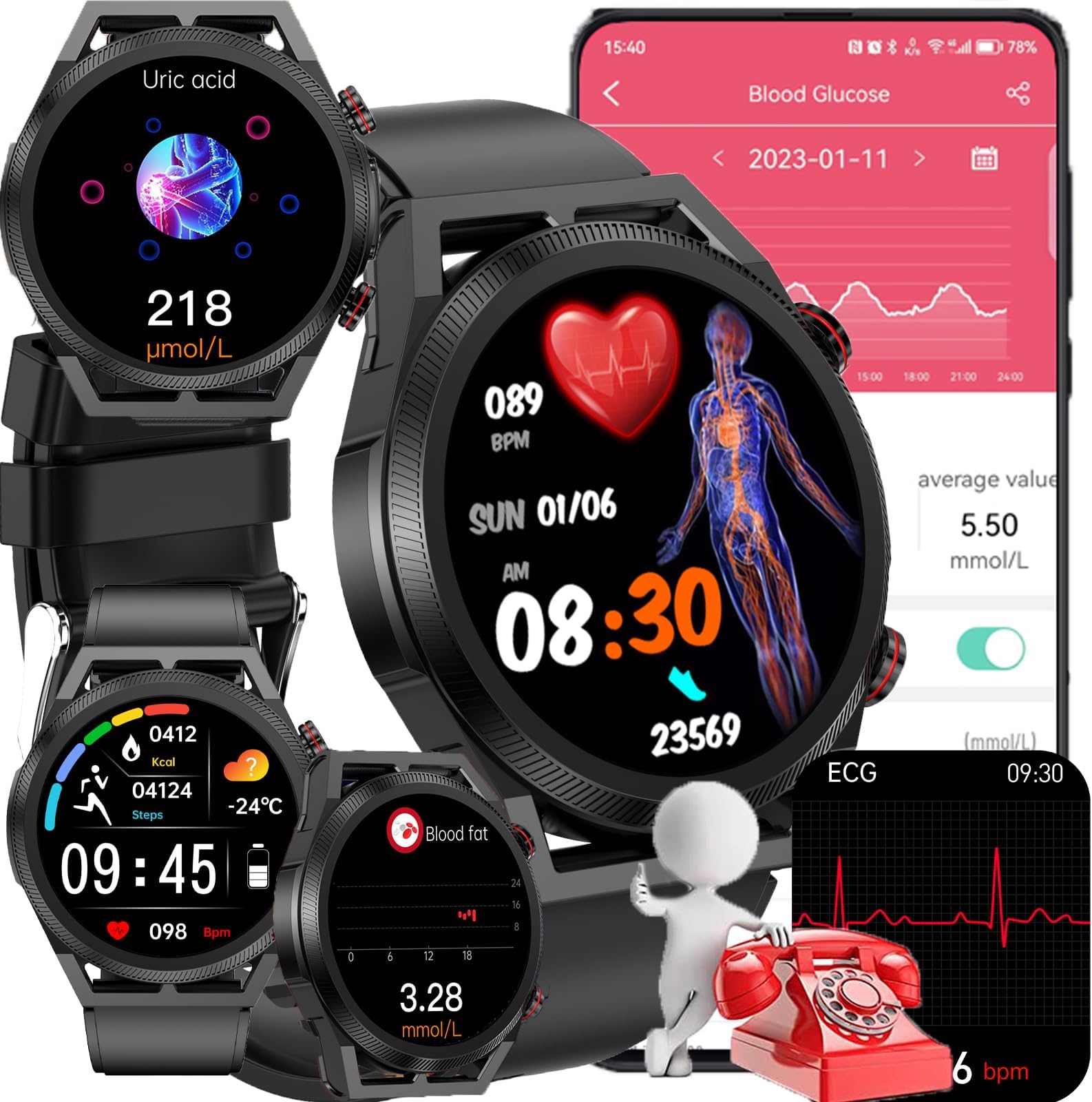Blood Glucose Smart Watch, ECG HRV Fitness Tracker with Heart Rate Blood Pressure Uric Acid Measurement, Blood Lipid Monitoring, 20 Sports Modes, Text & Call, for Men & Women,Black