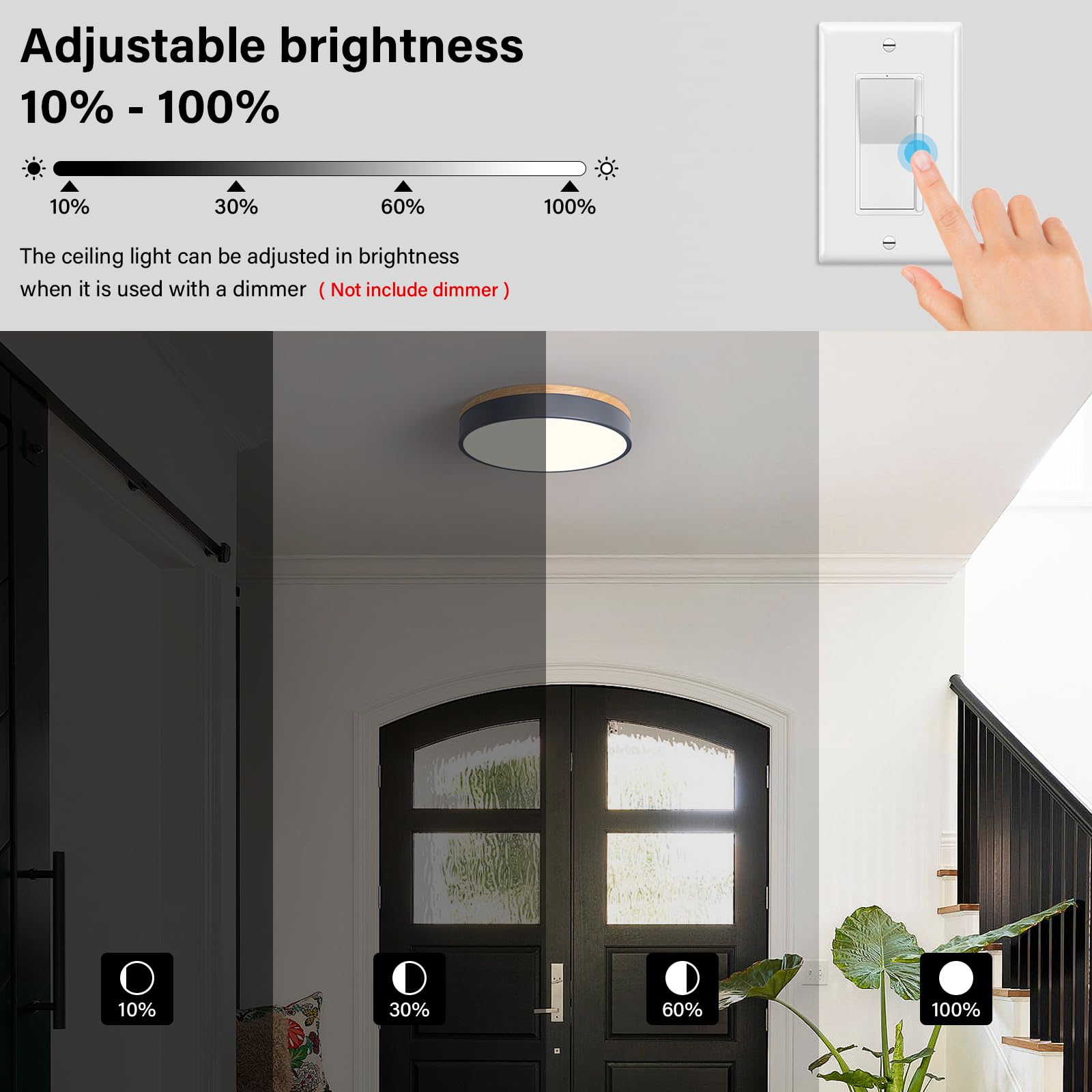 WOKNOS 24W Dimmable LED Ceiling Light – 11.8" Oak Wood Trim Flush Mount, 5 CCT Adjustable (2700K-6000K) For Bedroom, Living Room, Hallway