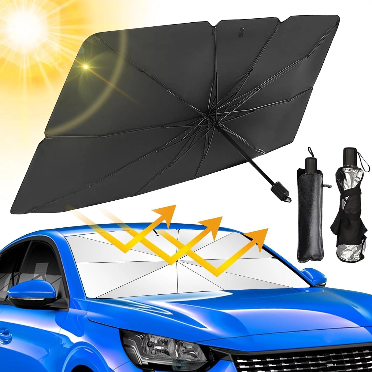Lobe Wonder (Large Size) car Windshield Sun Shade Protector- Foldable Car Shades for Windows, 3 Layers UV Block Umbrella, Car Front Window Heat Insulation Car Accessories for Pickup, SUV, Sedan