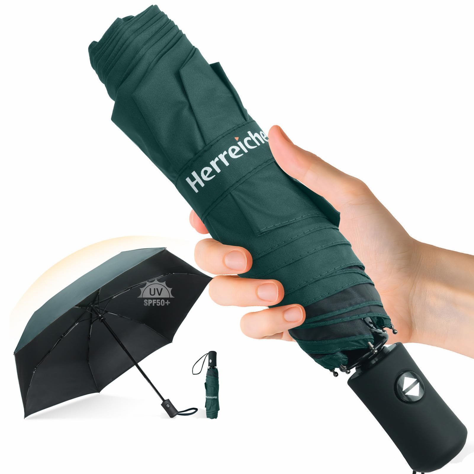 Herreicher Leichter UV-Automatikschirm UPF50+ | Kompakter Reise-Taschenschirm (28cm), 98cm Spannweite, 6 Rippen, 210T – Für Erwachsene & Kinder
