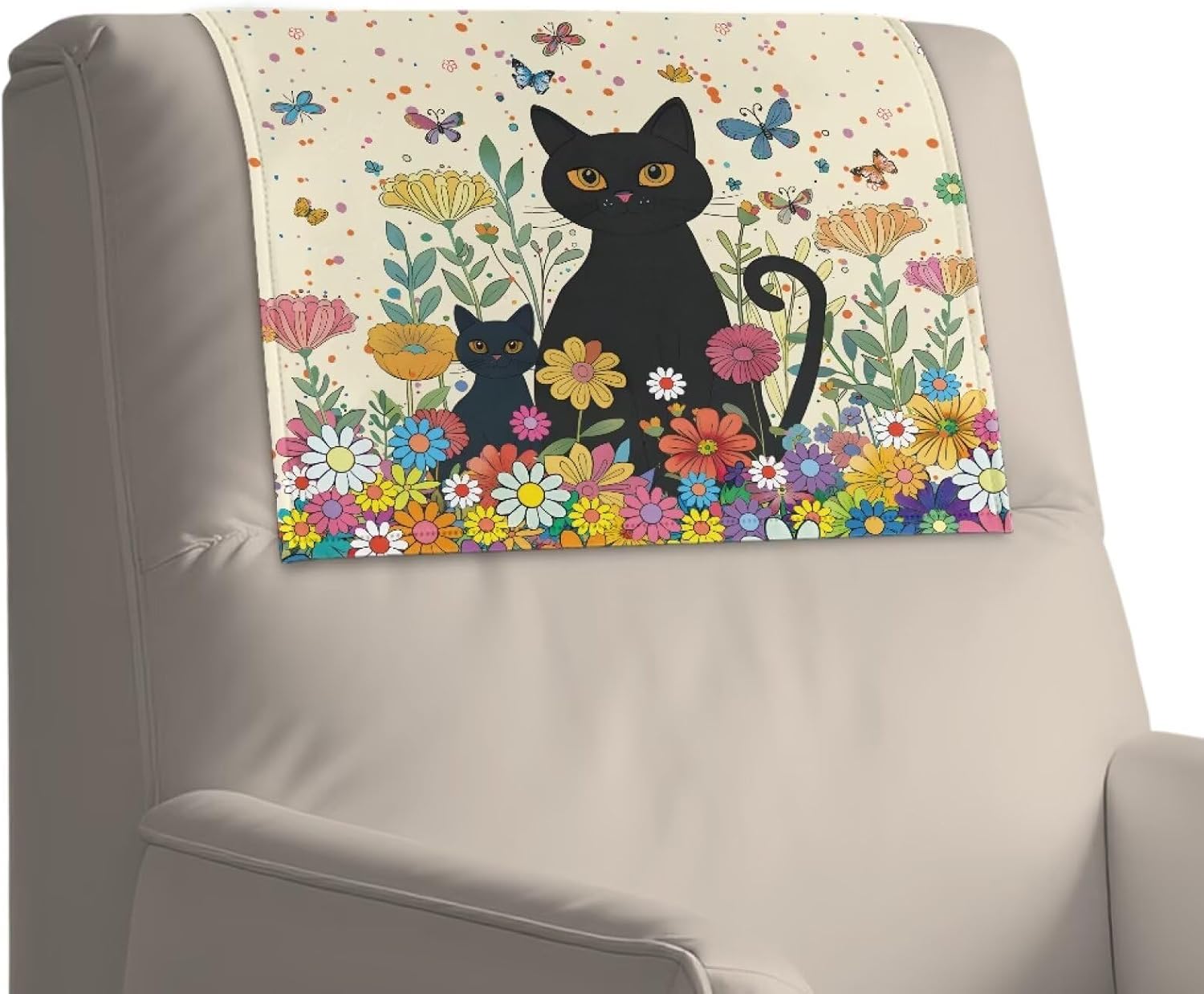 Wanyint Headrest Cover for Recliner Chair, Waterproof PU Leather Couch Headrest Covers with Hook & Loop Straps, Furniture Protector for Theater Seat, 17x27 Inch, Black Cat Hippie Flower