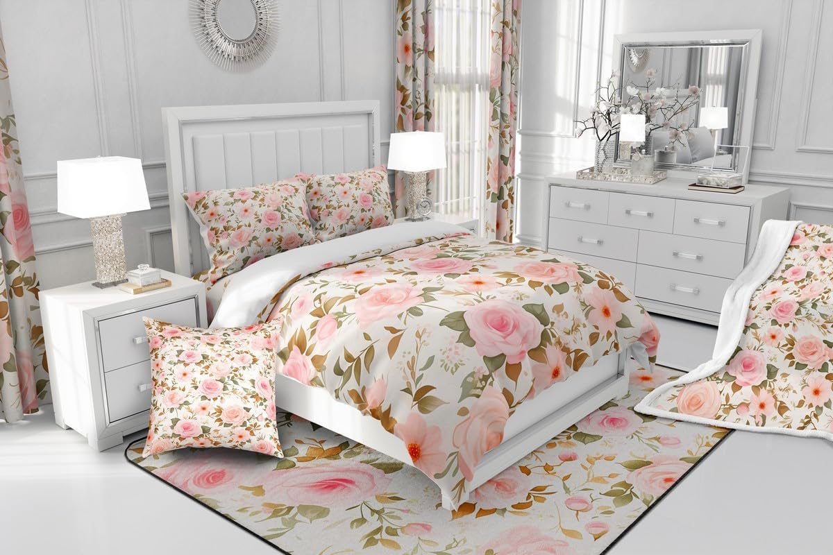 Feelyou Pink Floral Plush Blanket Floral Botanical Flower Fleece Throw Blanket for Kids Adult Girls Women Vintage Pink Rose Sherpa Blanket Romantic Fuzzy Blanket for Sofa Bed Couch 50"x60"