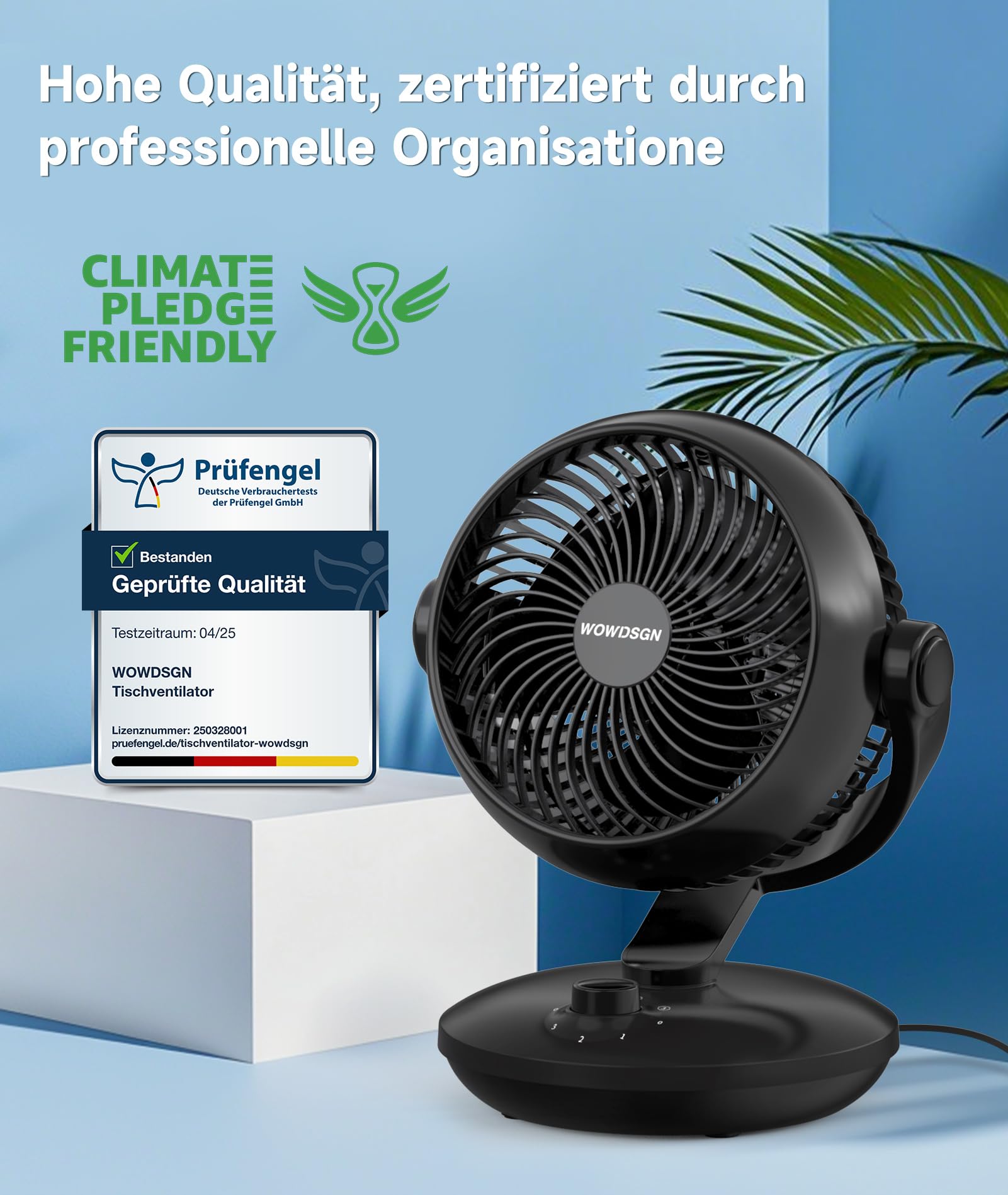 WOWDSGN Tischventilator 24dB 3D Turbo-Luftzirkulator 100° 80° Oszillation 3 Geschwindigkeitsstufen Schwarz