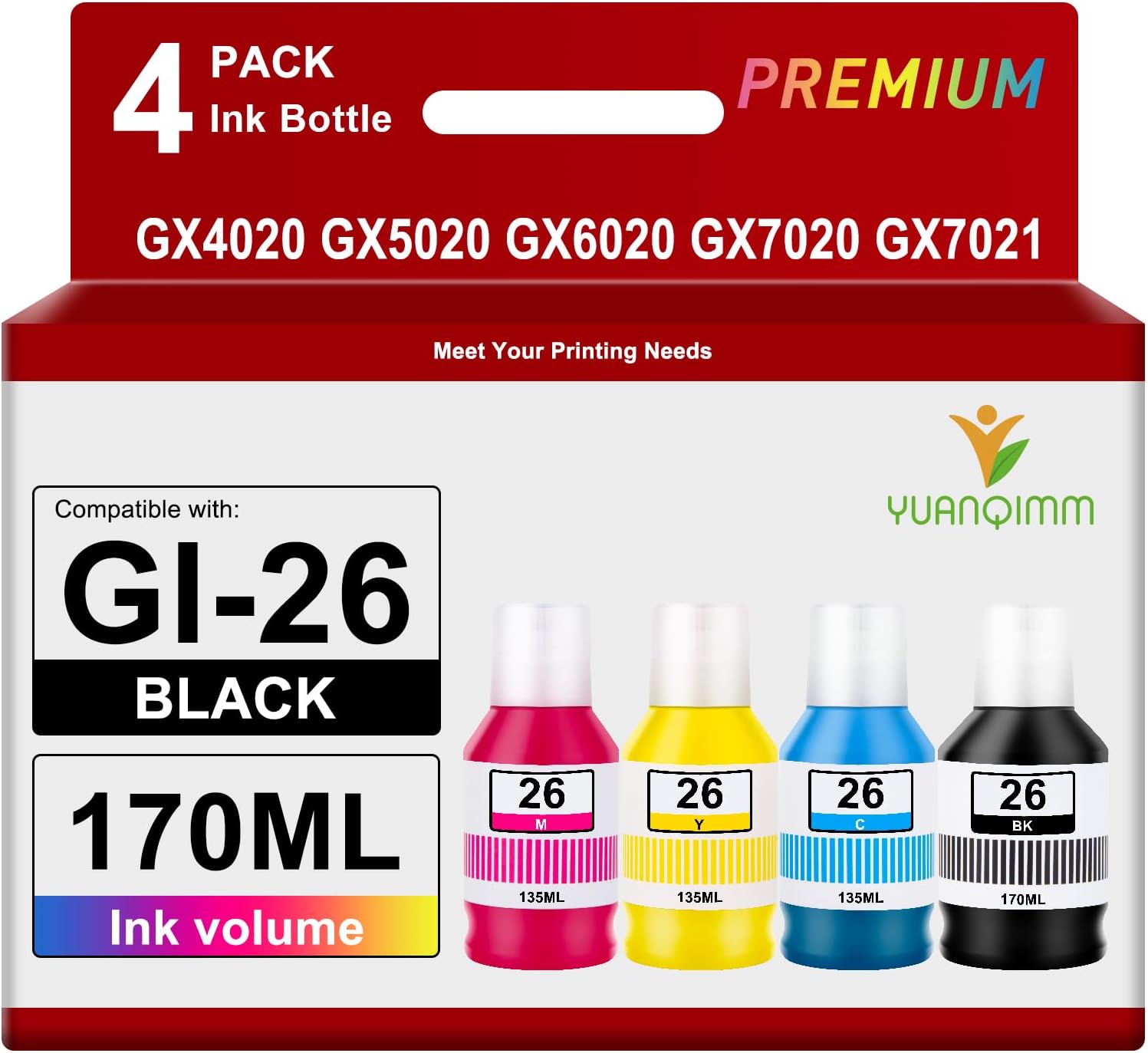 GI-26 Ink Refill Bottles (Not Sublimation Ink) Replacement for Canon GI-26 Refill Ink GI26 26 to use with Canon MAXIFY GX3020 GX4020 GX5020 GX6020 GX7020 GX7021 GX6021 Megatank Printer