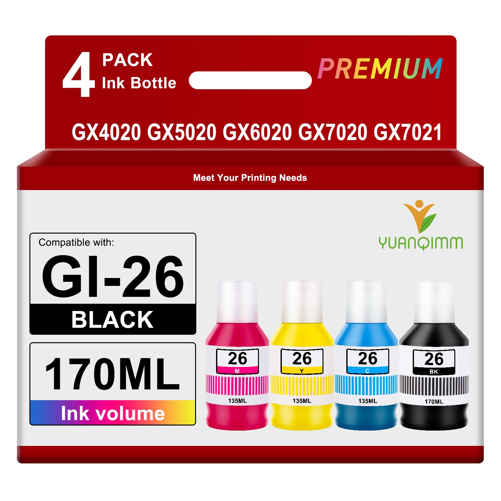GI-26 Ink Refill Bottles (Not Sublimation Ink) Replacement for Canon GI-26 Refill Ink GI26 26 to use with Canon MAXIFY GX3020 GX4020 GX5020 GX6020 GX7020 GX7021 GX6021 Megatank Printer