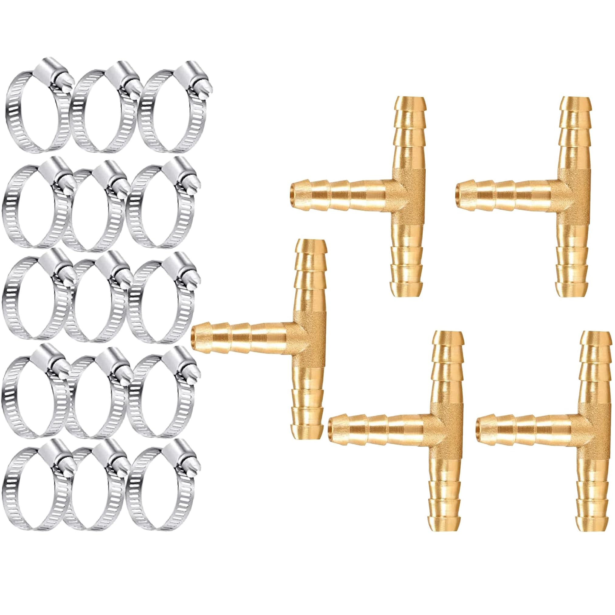 AOPANDA Brass Barb Tee Fittings 3/8", 3 Ways T-Shaped Union 3/8" ID Hose Pipe Fitting with 15pcs Stainless Steel Pipe Clamp, for Water/Fuel/Air (Pack