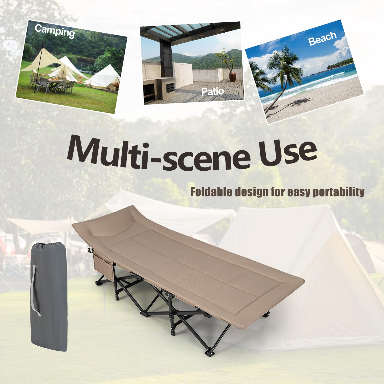 KOMFOTTEU Lit Camping Pliabe, Sac Transport, 190 x 68 x 48,5 cm, Kaki | Lit de Camp Cadre Métal, Tissu Oxford, Lit d’Extérieur pour 1 Personne XL, antidérapant, Capacité de Charge de 200 kg