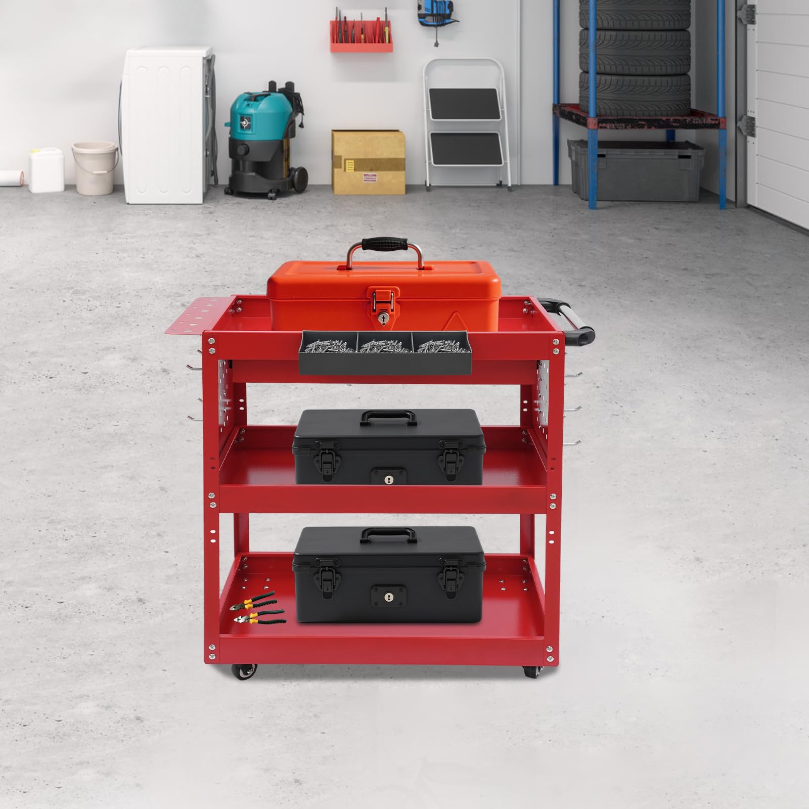 Carro de taller de 3 pisos con cajones, carro de herramientas 250 kg (rojo)