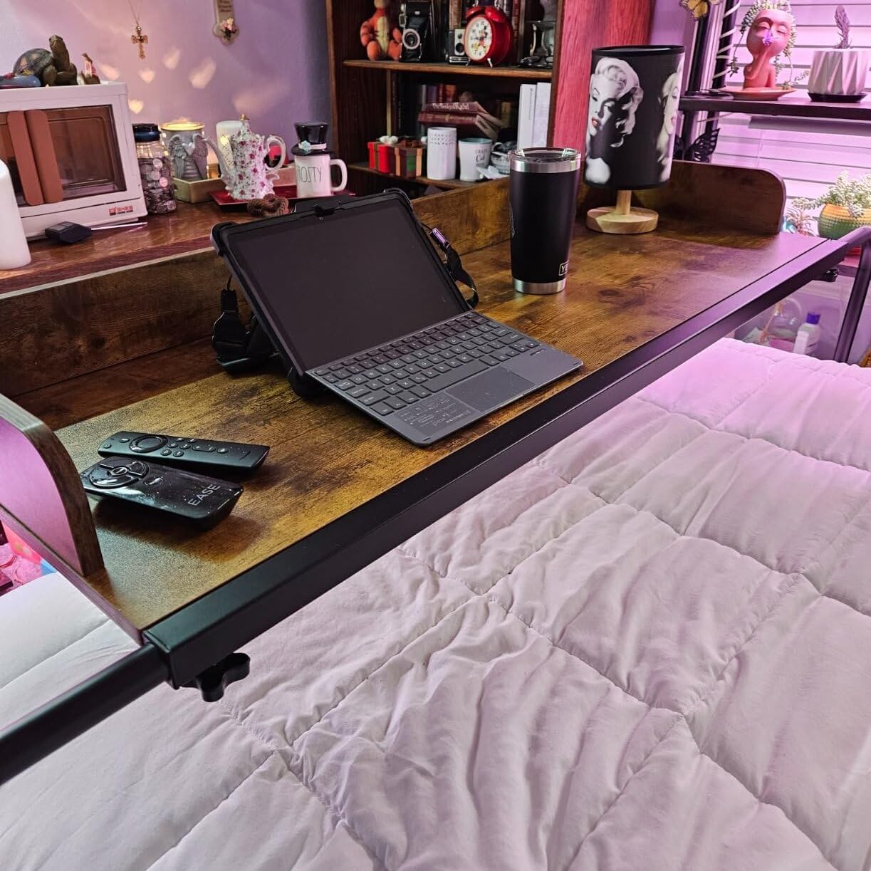 Furist Overbed Table with 360° Wheels, Queen Size Mobile Bed Desk, Recliner Table Over Bed Table Adjustable Height and Length Overbed Table with Heavy Duty Metal Leg for Hospital and Home use