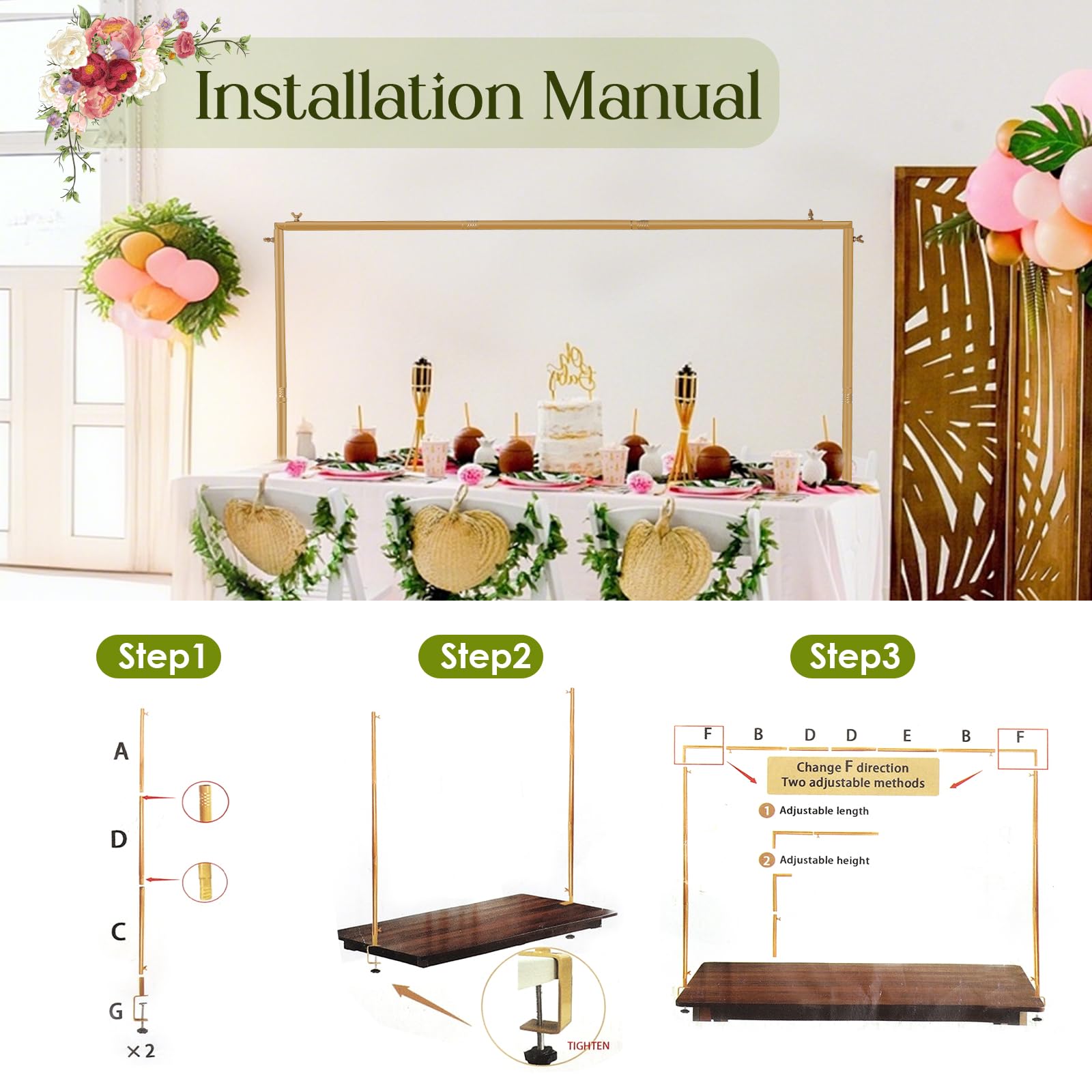 Arche de Table Extensible, Tige Décorative de Table avec Pinces, 120CM-260CM, Tige de Suspension en Métal sur Table, Arche de Table Doré pour Noël, Mariage, Anniversaire, Décoration de Fête Or