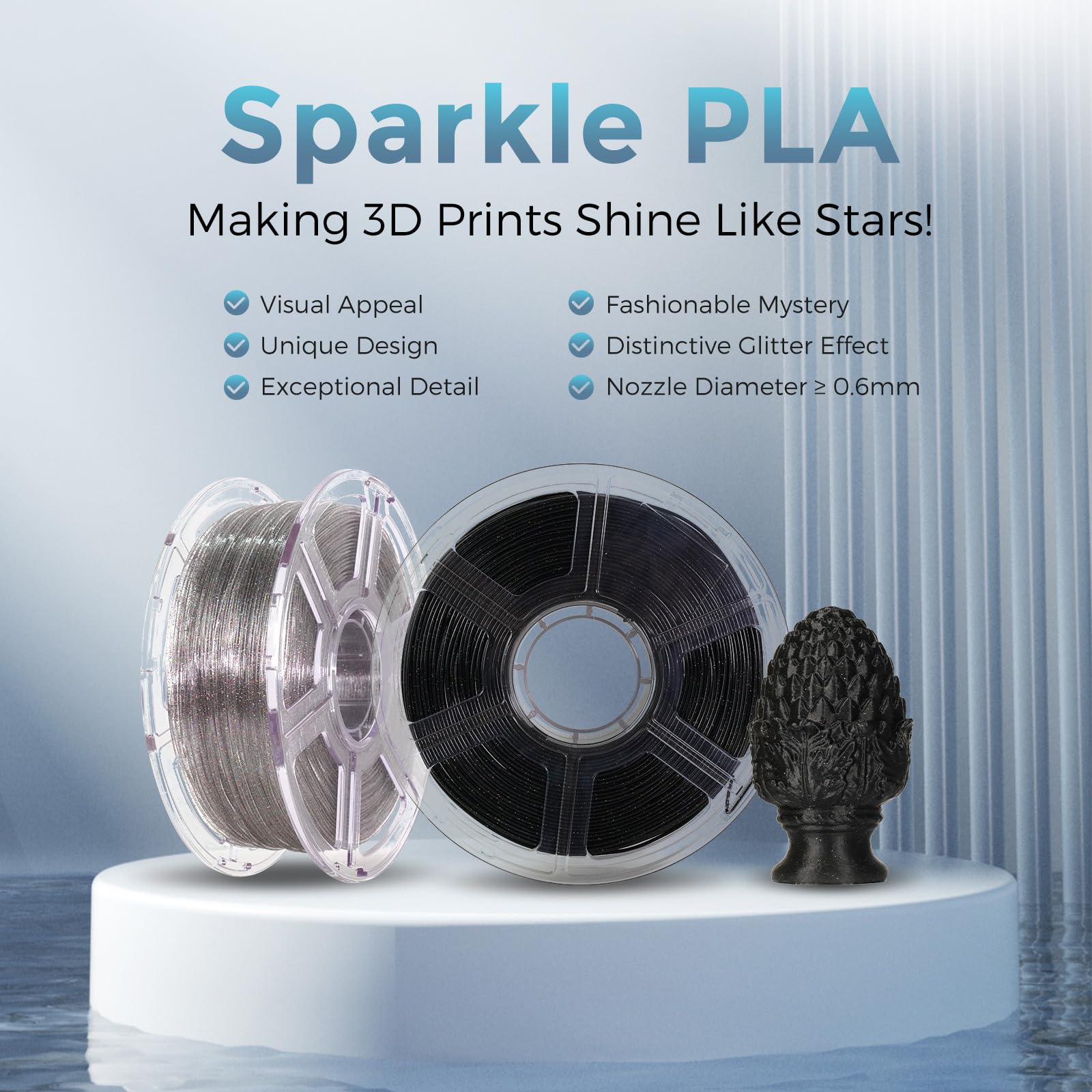 FLASHFORGE Filamento PLA da 1,75 mm scintillante trasparente per stampante 3D con glitter colorati, bobina da 1 kg, precisione di misura +/- 0,02 mm, filamento di stampa 3D brillante per una finitura