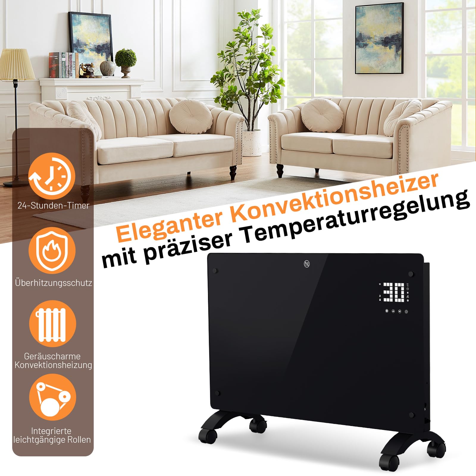 Daromigo Ogrzewanie elektryczne, konwektor szklany, konwektor, ogrzewanie z termostatem i pilotem zdalnego sterowania WiFi, grzejnik elektryczny IP24, montaż na ścianie, mobilne ogrzewanie na