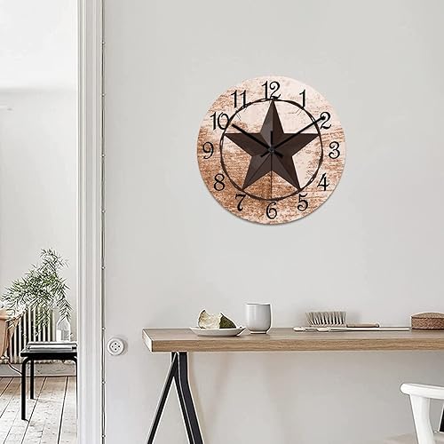 Miniatura 5 de Reloj de pared redondo de estilo clásico con estrella de Texas occidental, reloj de madera, silencioso, sin tictac, funciona con pilas, con números