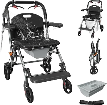 Portable Bedside Commode Chair 3-in-1, Foldable Toilet Chair with Raised Seat & Shower Chair, for Use with Wheelchairs for Adults, Heavy Duty Commode for Elderly, Disabled, Supports 330 lbs BLACK