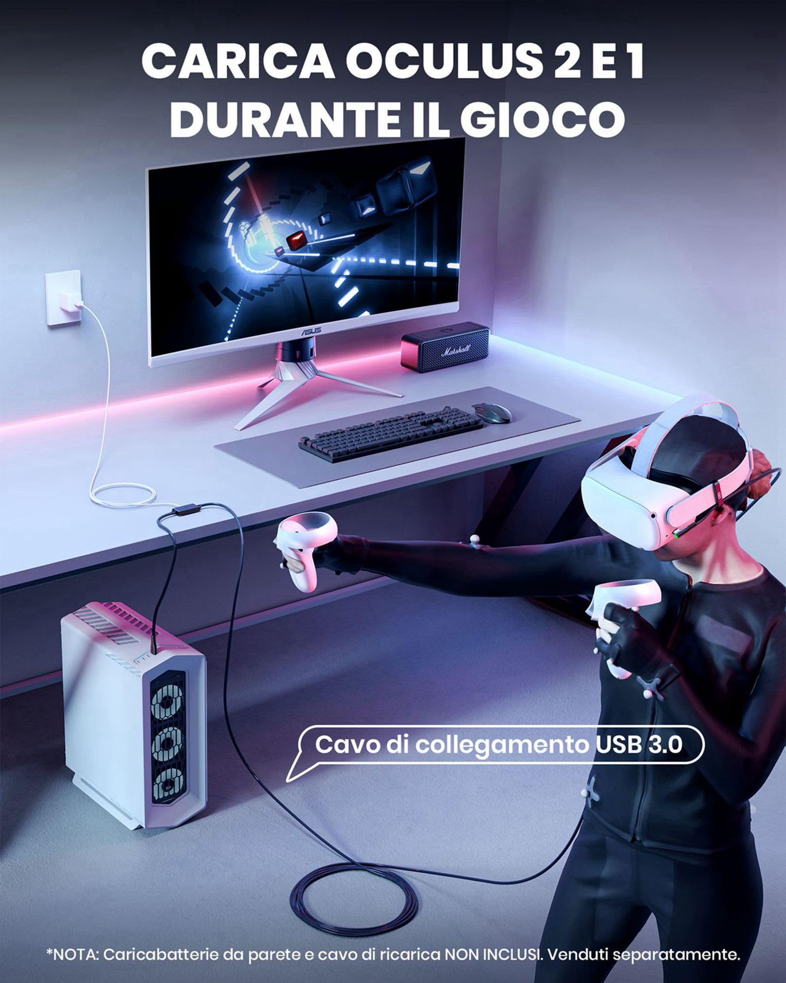 INIU Cavo Link 5m, Compatibile con Meta/Oculus Quest 3/2/Pro e Pico 4 Steam VR/PC di gioco, Trasferimento Dati ad Alta Velocità, USB A 3.0 a USB C Lnk Cable per VR Headset, Porta USBC separata